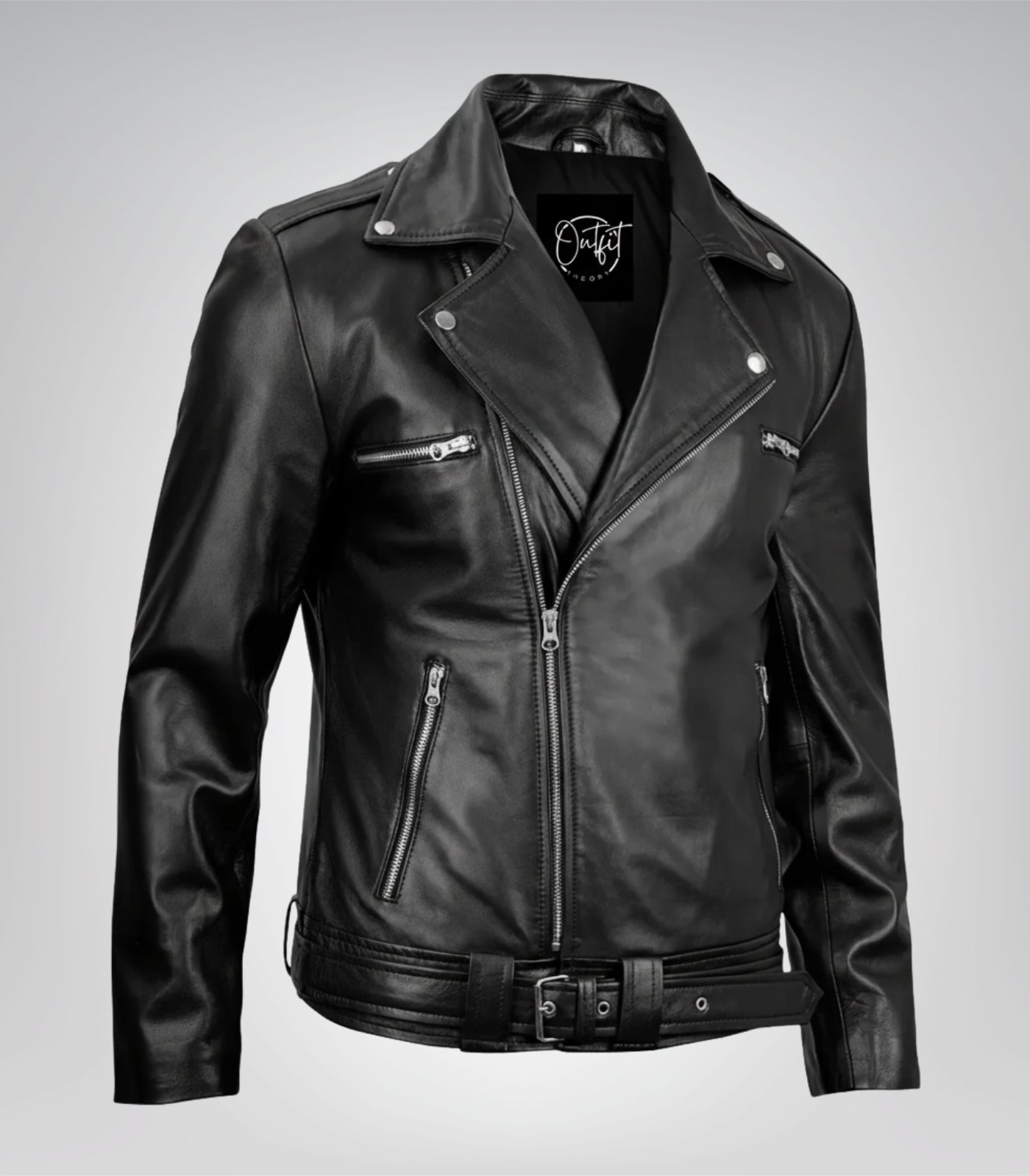 Men’s Negan-style black leather moto jacket with belted waist