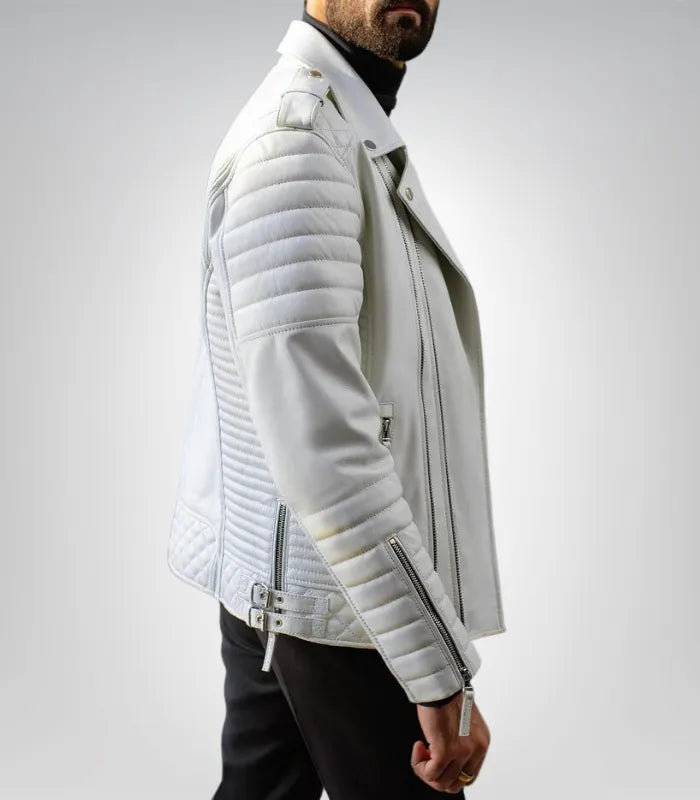 Men’s white quilted leather jacket – slim motorcycle style gift for him