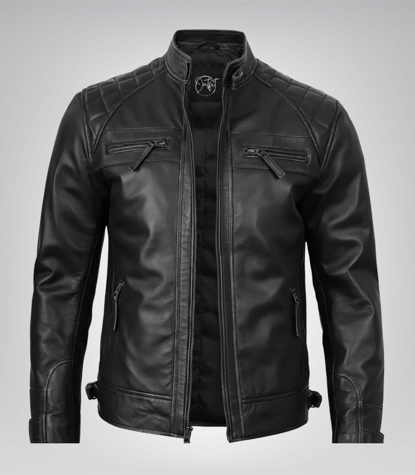 Black real leather biker jacket for men in classic motorcycle design