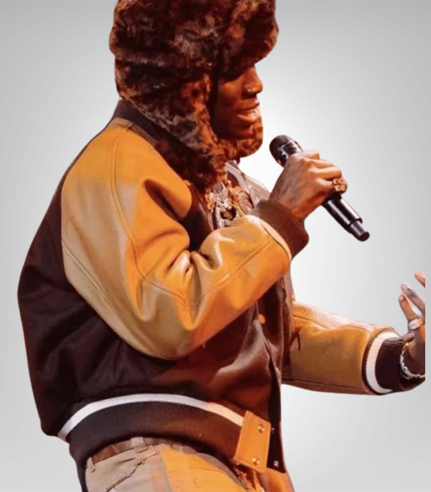 Rema Brit Awards 2024 Brown and Yellow Varsity Bomber Jacket