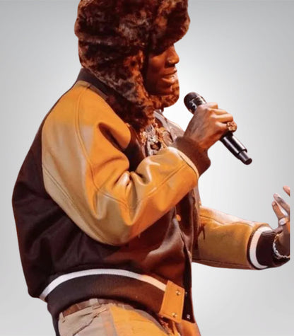 Rema Brit Awards 2024 Brown and Yellow Varsity Bomber Jacket