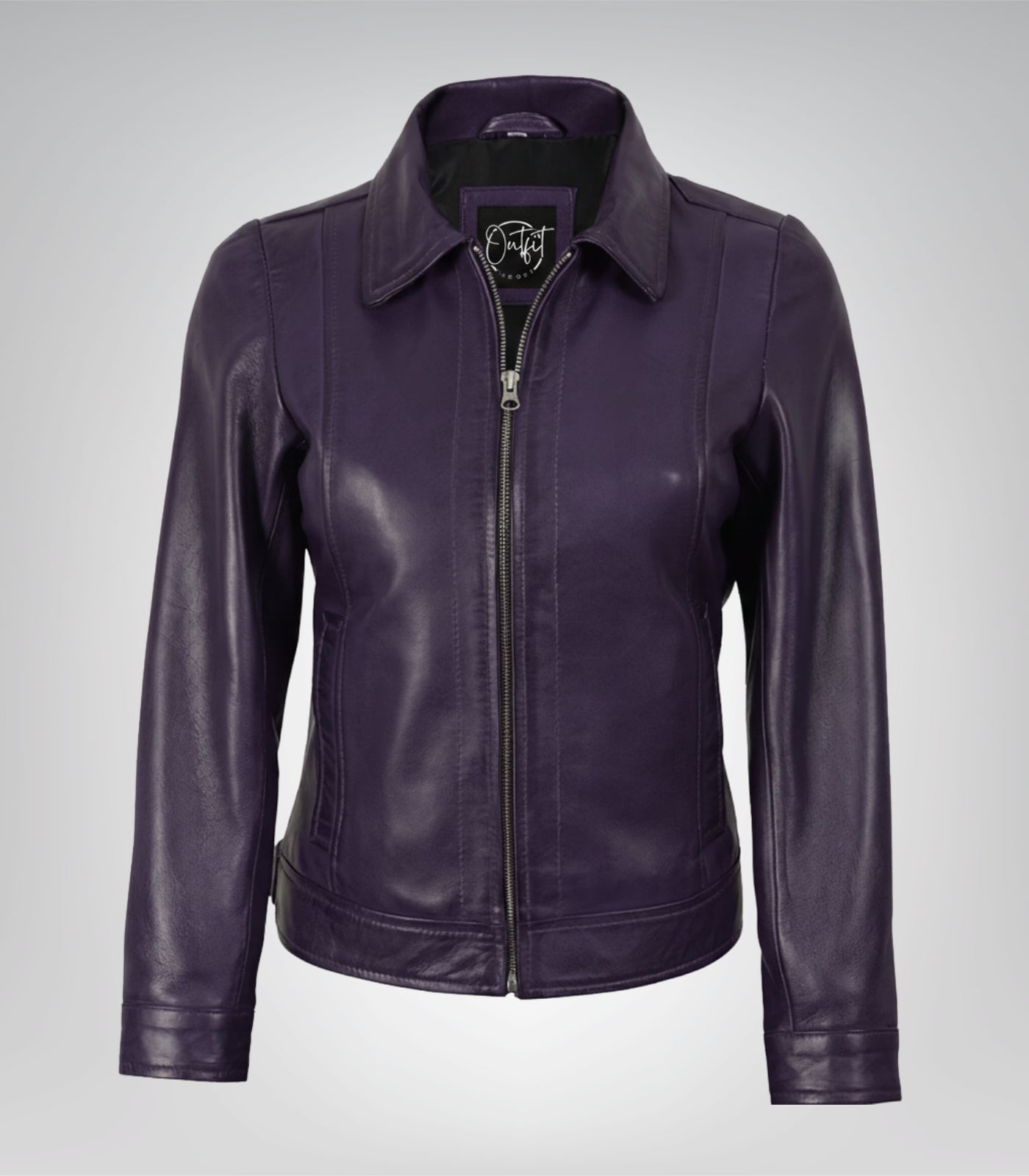 Women’s premium purple leather biker jacket with classic shirt collar