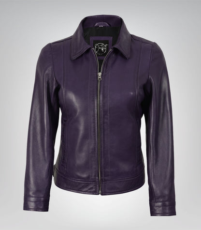 Women’s premium purple leather biker jacket with classic shirt collar