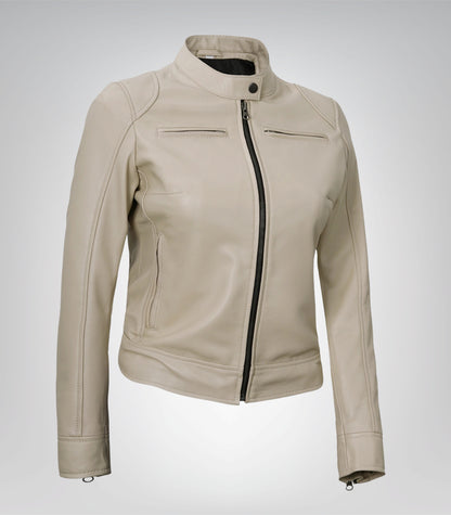 Premium beige leather biker jacket for women inspired by Dodge