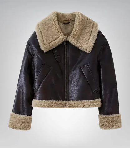 Brown faux shearling bomber jacket for women – winter pilot style coat