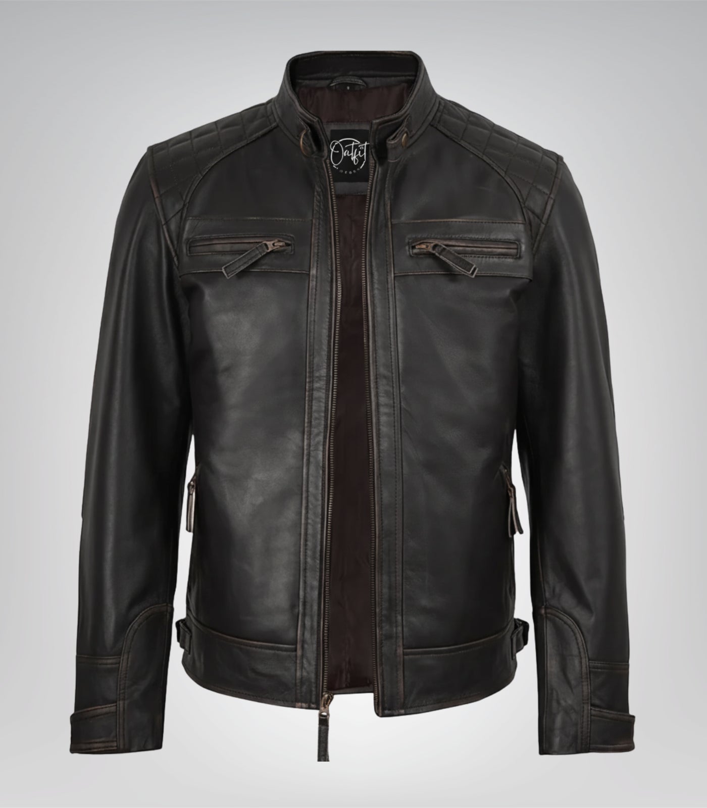 Genuine leather distressed brown biker jacket with quilted detailing