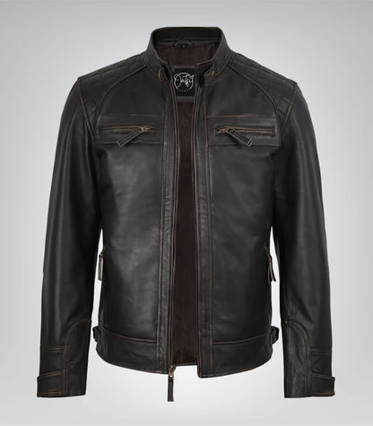 Genuine leather distressed brown biker jacket with quilted detailing