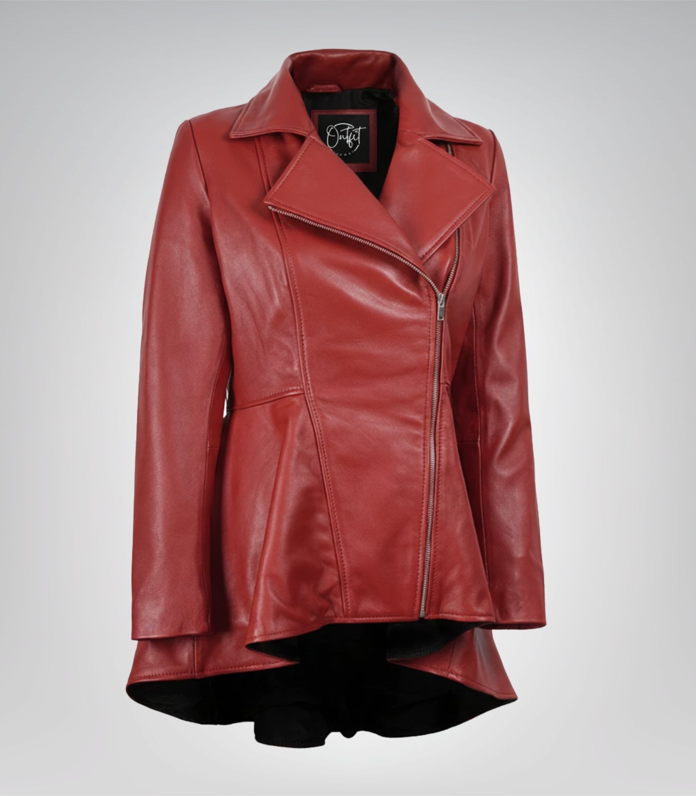 Women’s premium red leather jacket featuring peplum and diagonal zip