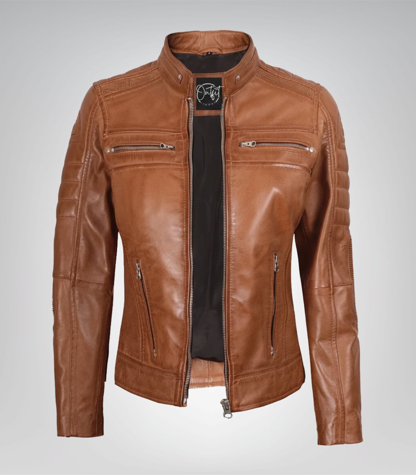 Women’s premium tan leather moto jacket