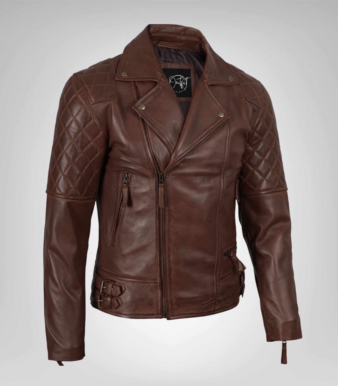 Stylish cognac moto jacket for men with asymmetrical front and modern detailing