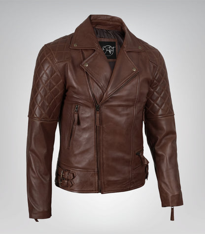 Stylish cognac moto jacket for men with asymmetrical front and modern detailing