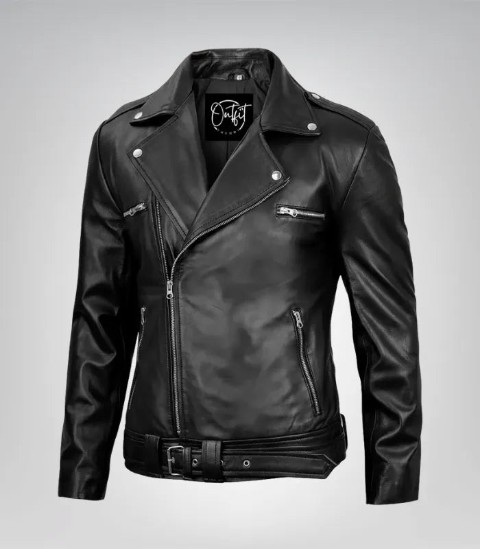 Premium quality black moto leather jacket for men featuring asymmetrical front and belt