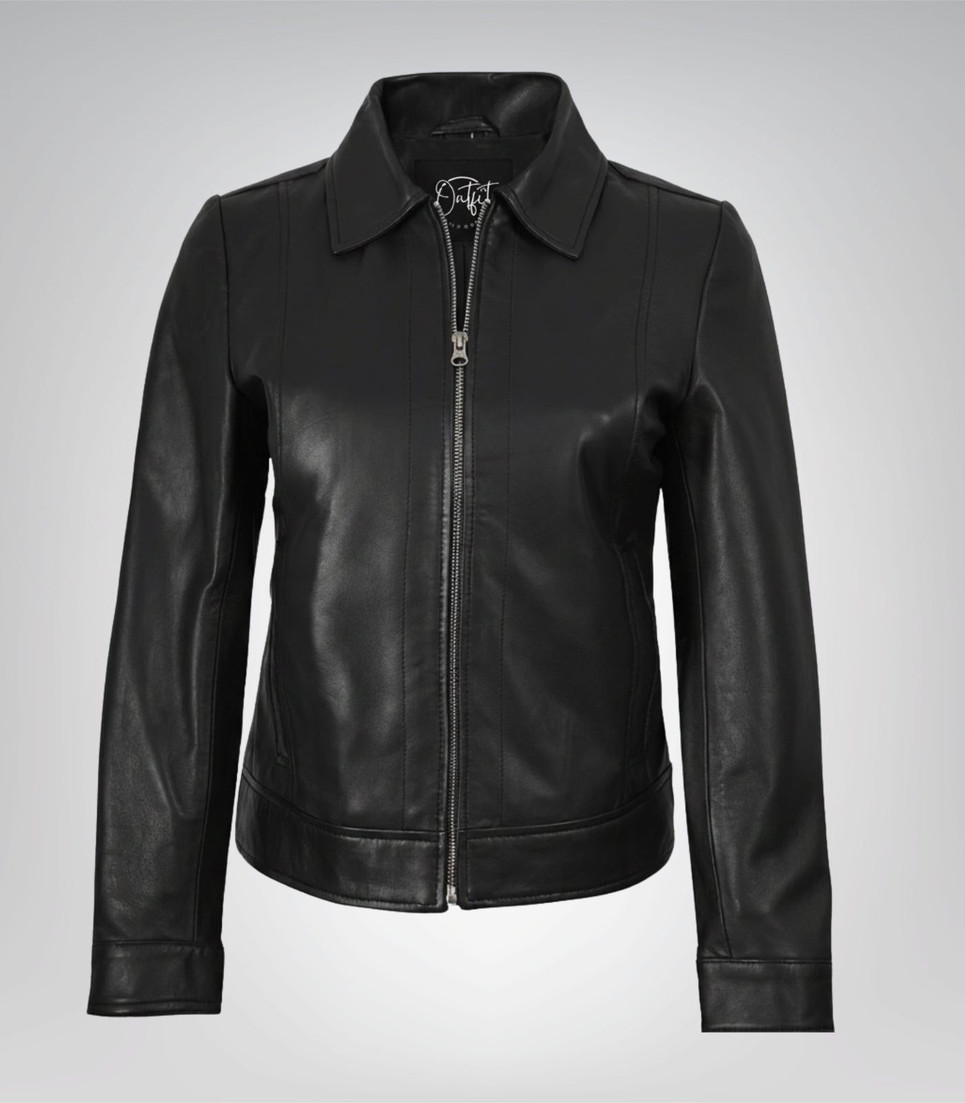 Premium black leather Harrington jacket for women with classic shirt collar