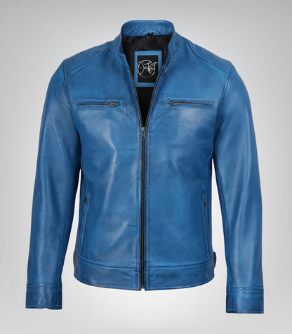Handcrafted Blue Biker Jacket for Men in Real Leather