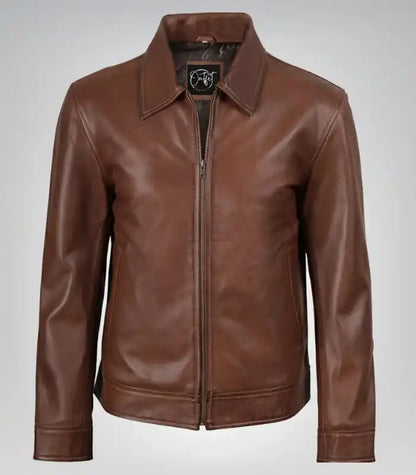 Men's casual Harrington jacket in genuine cognac leather