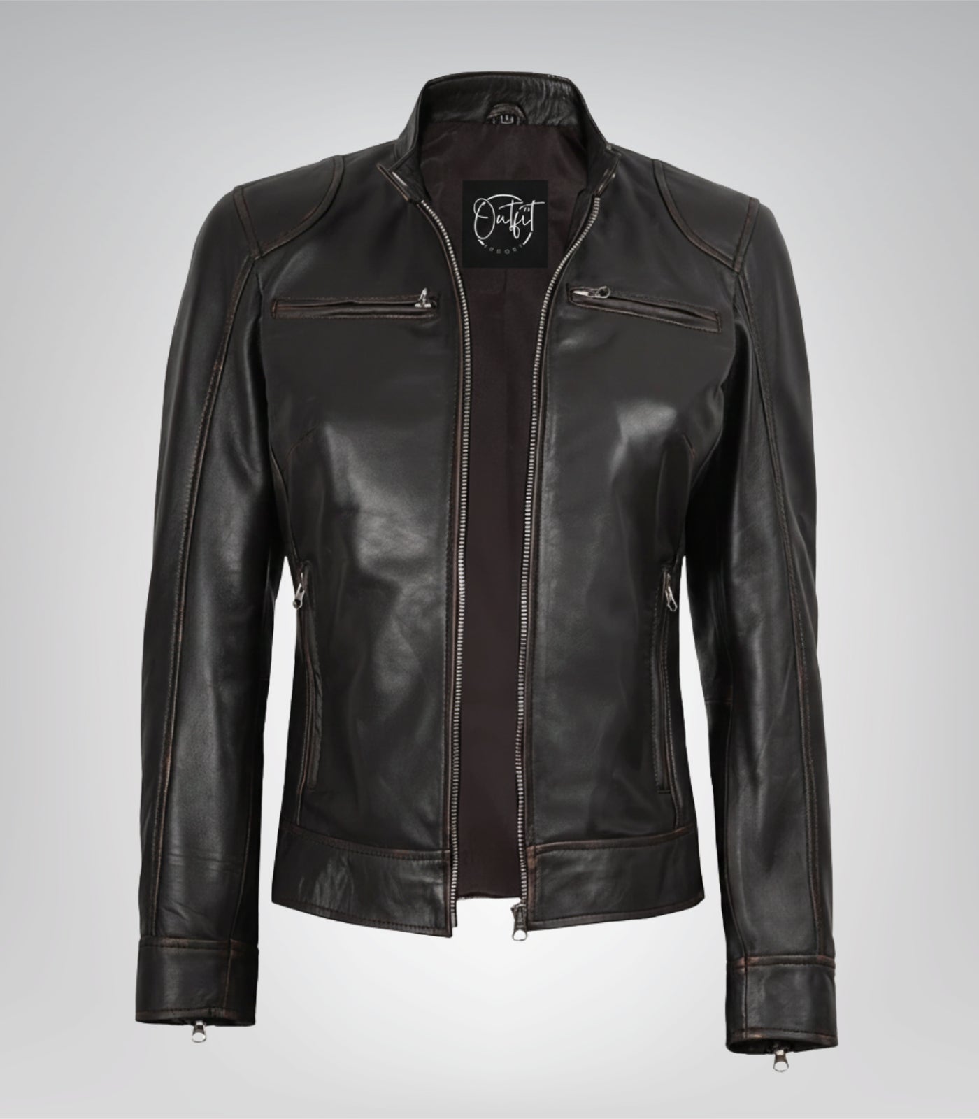 Women’s premium brown leather biker jacket with distressed finish – Dodge