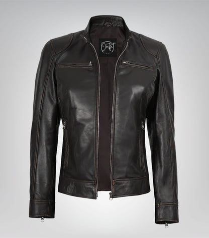 Women’s premium brown leather biker jacket with distressed finish – Dodge