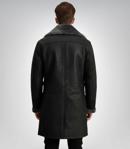 Charles Distressed Black Leather Shearling Double-Breasted Coat