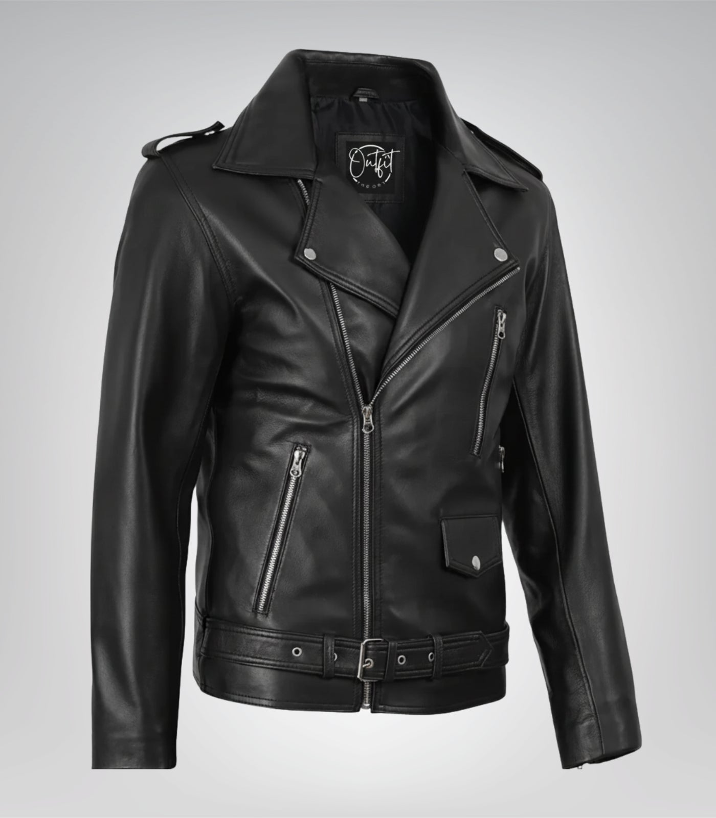 Stylish men’s black biker jacket with asymmetrical front design