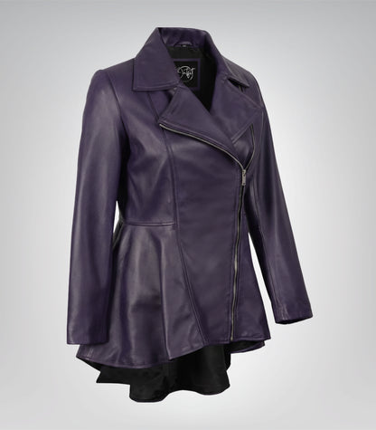 Stylish purple leather peplum jacket for women with flared frock shape