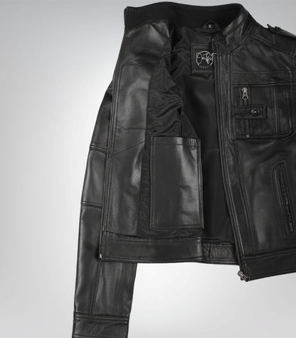 Premium black leather moto jacket for women with biker-inspired design