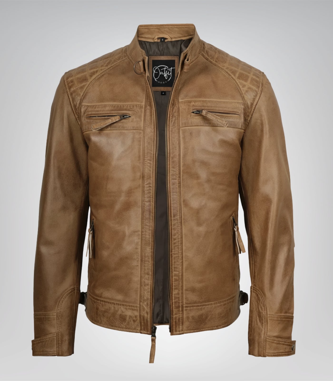 Premium camel brown leather biker jacket for men with quilted design