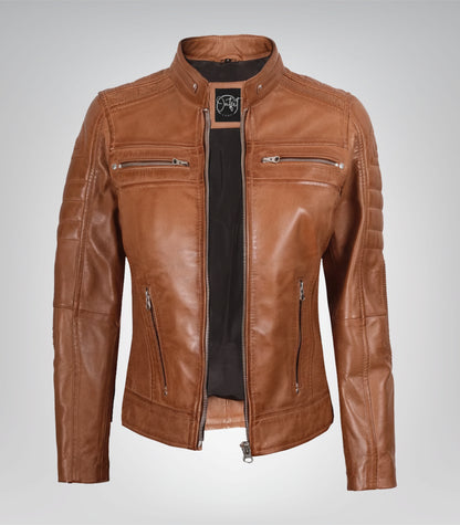 Women’s premium tan leather motorcycle-style jacket