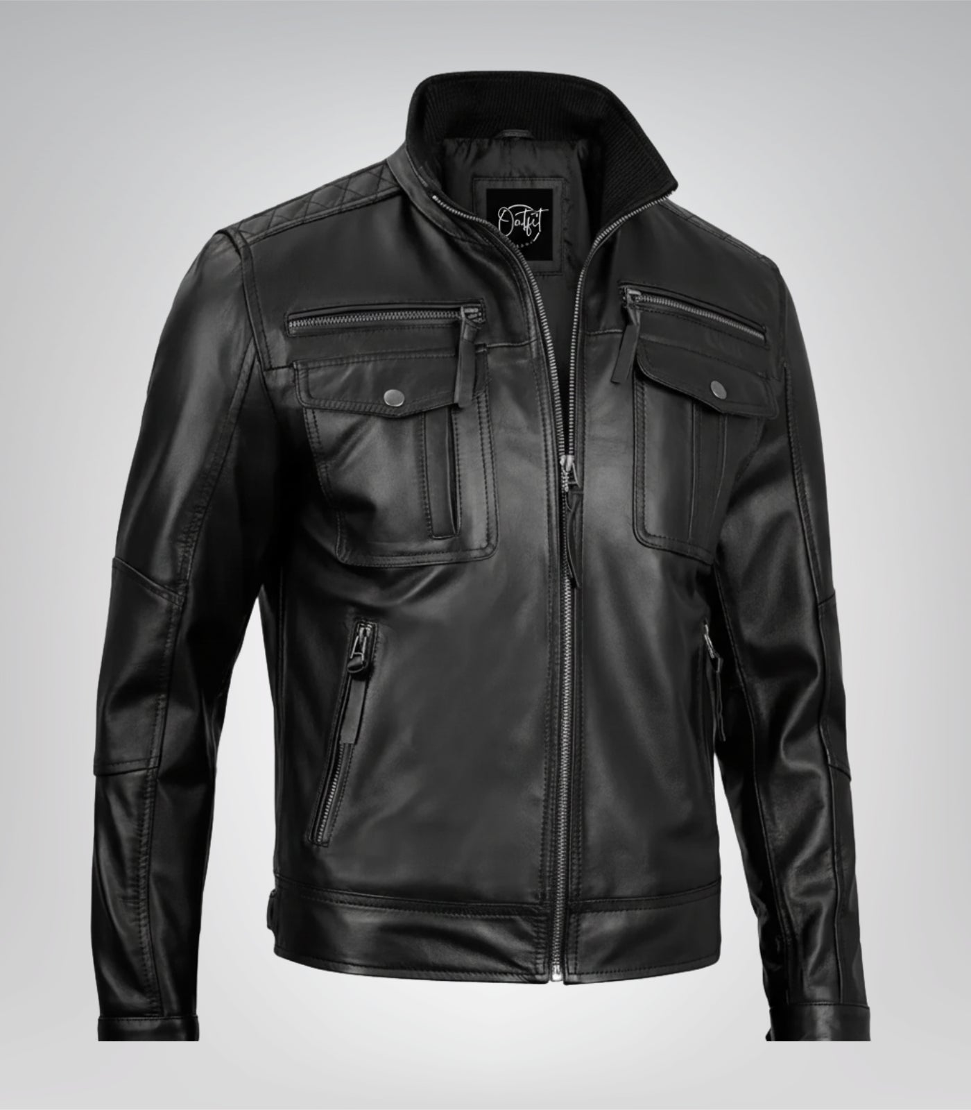 Stylish men’s tailored black motorcycle jacket in real leather