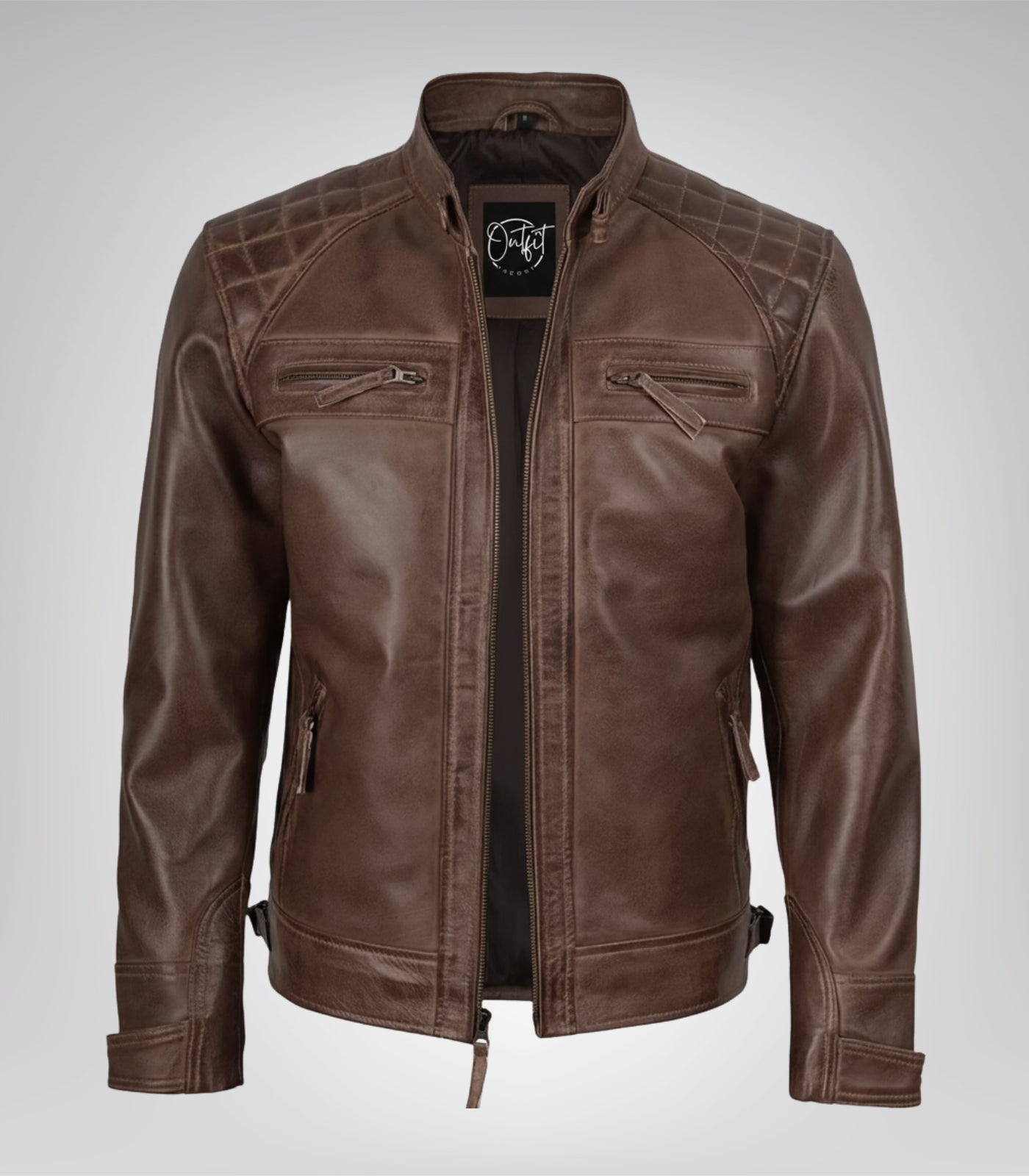 Premium men’s chocolate brown biker jacket with quilted design