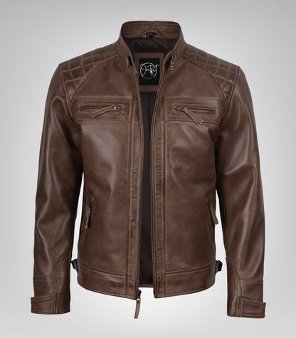 Premium men’s chocolate brown biker jacket with quilted design