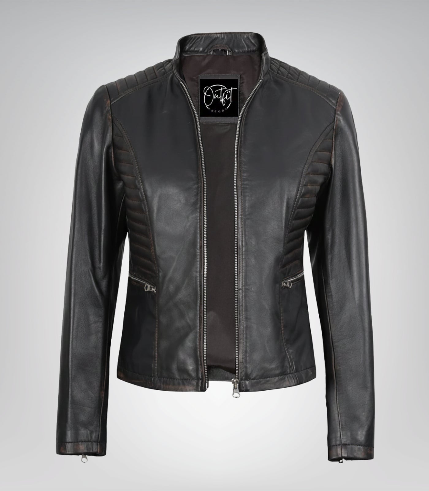 Women’s vintage-style distressed brown leather biker jacket