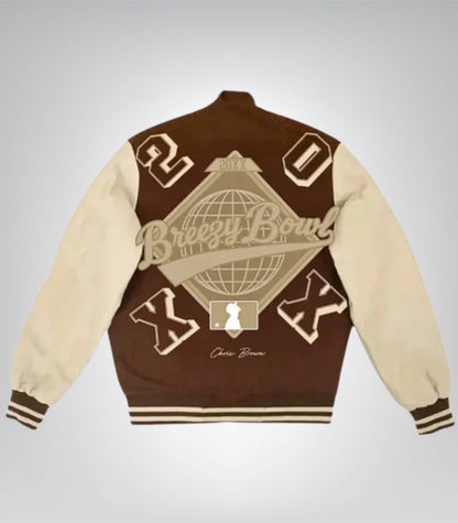 Chris Brown MT premium wool varsity jacket featuring leather sleeves