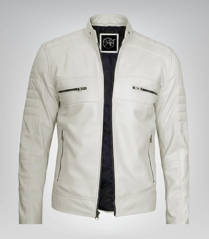 Stylish off-white biker jacket for men made of real leather
