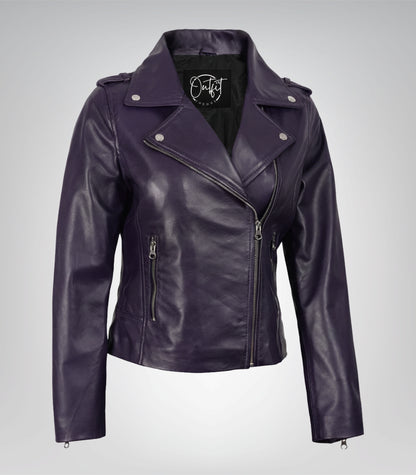 Women’s premium purple lambskin leather biker jacket