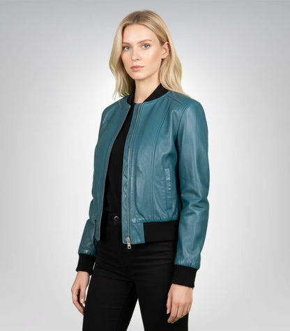 Bliss Blue Leather Bomber Jacket