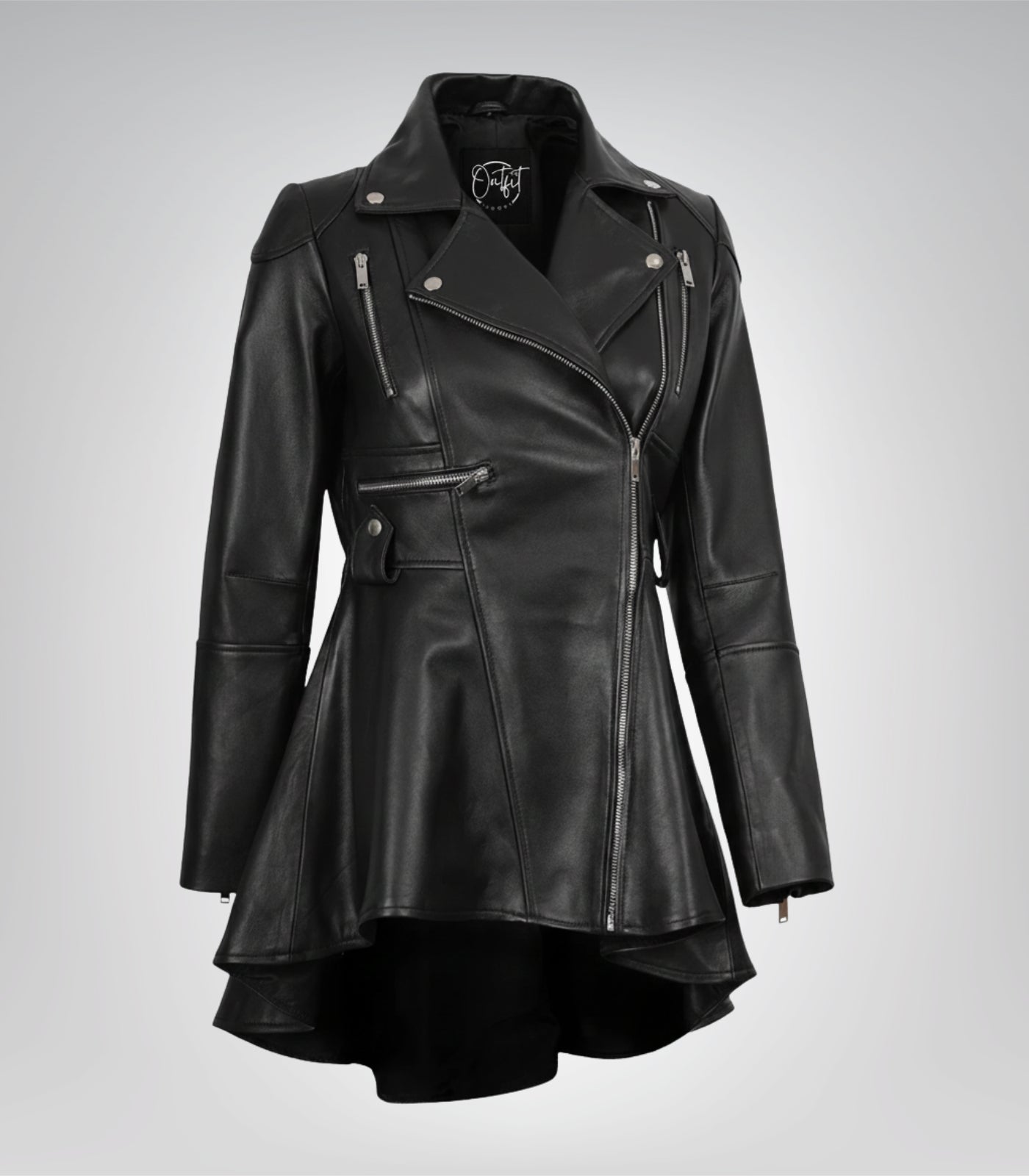 Women’s real leather jacket in black featuring asymmetrical peplum silhouette