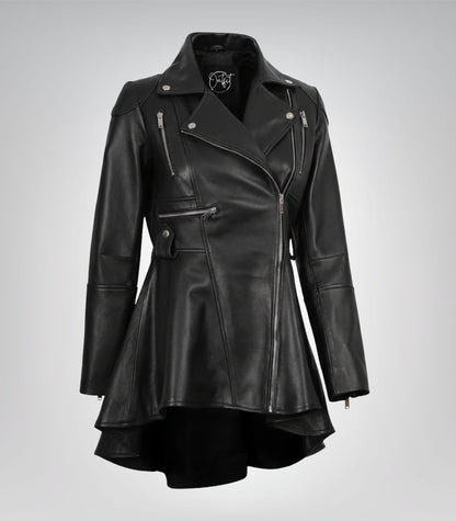 Women’s real leather jacket in black featuring asymmetrical peplum silhouette