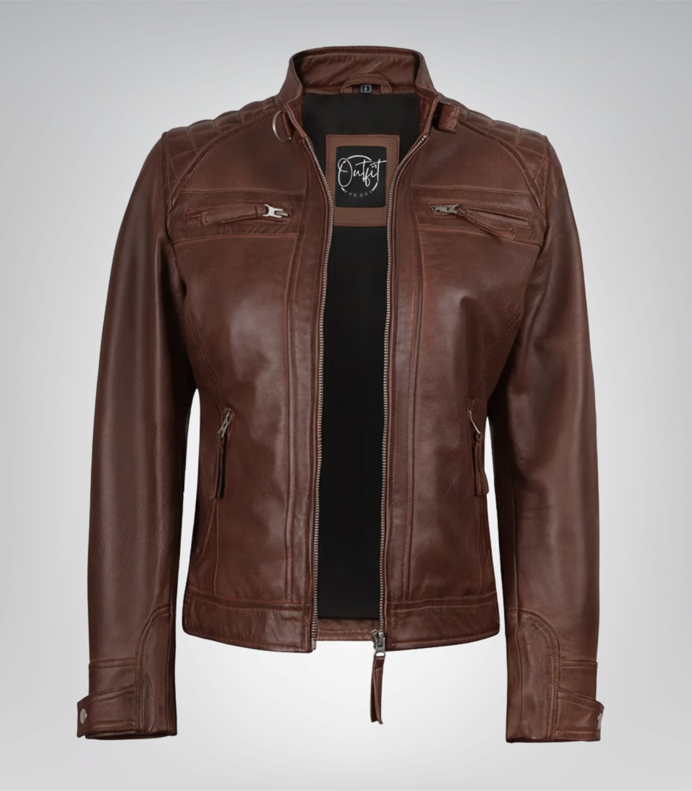 Women’s premium cognac motorcycle-style jacket featuring quilted detailing