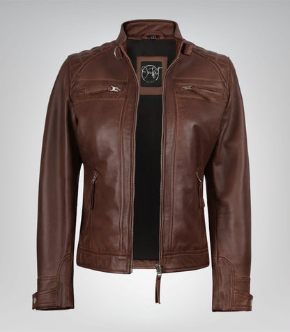 Women’s premium cognac motorcycle-style jacket featuring quilted detailing