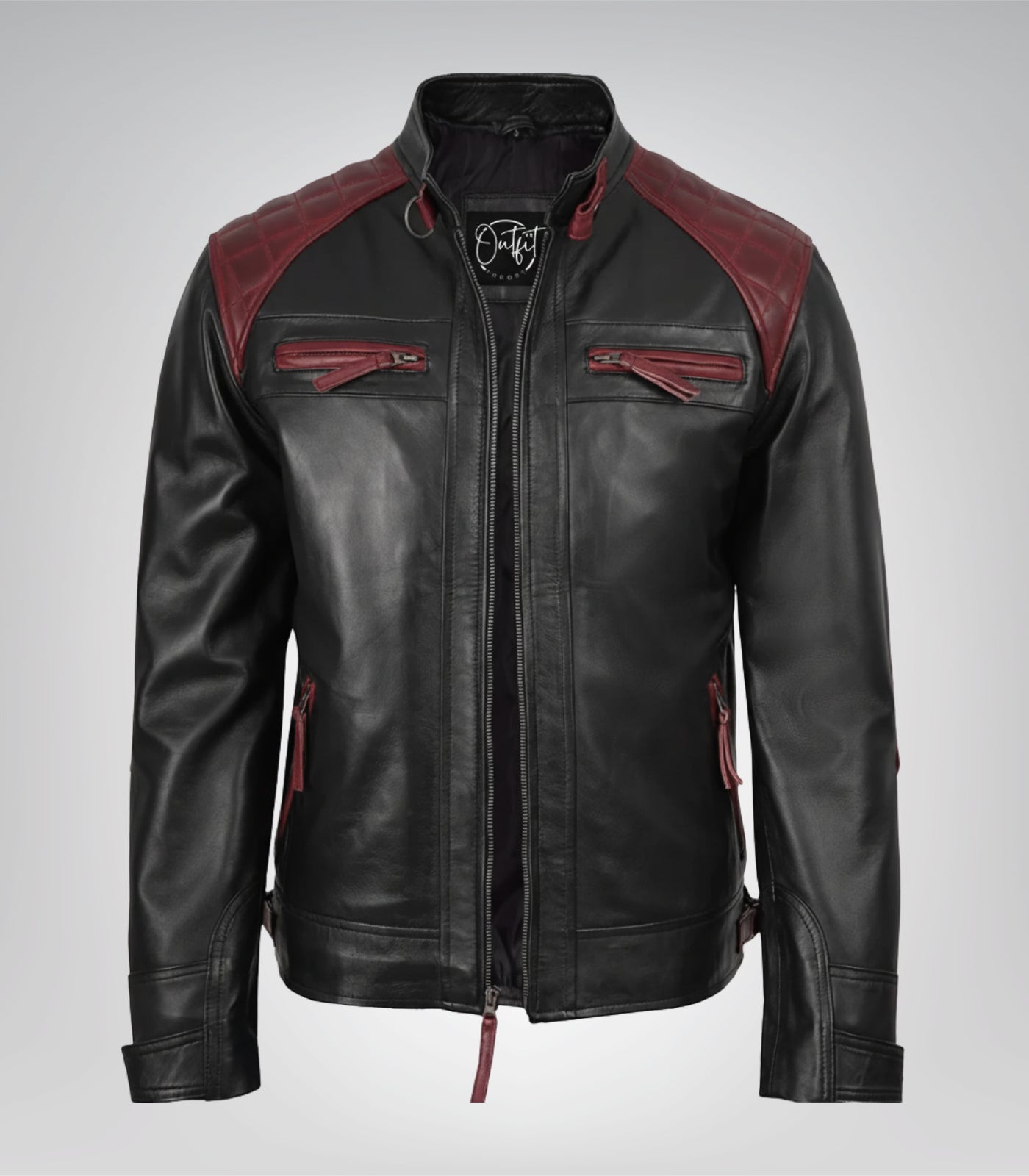 Two-tone black and maroon men’s biker jacket with quilted shoulders