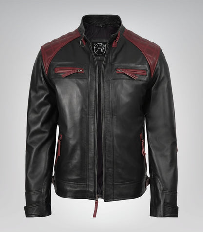 Two-tone black and maroon men’s biker jacket with quilted shoulders