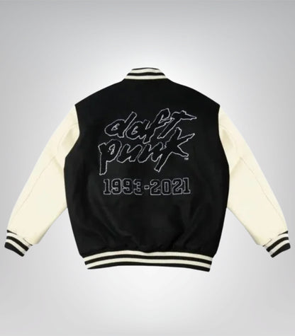 Daft Punk premium black varsity jacket featuring wool body and leather sleeves