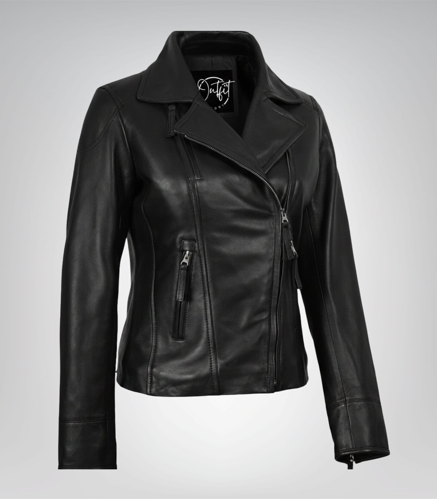 Premium black leather biker jacket for women in asymmetrical style