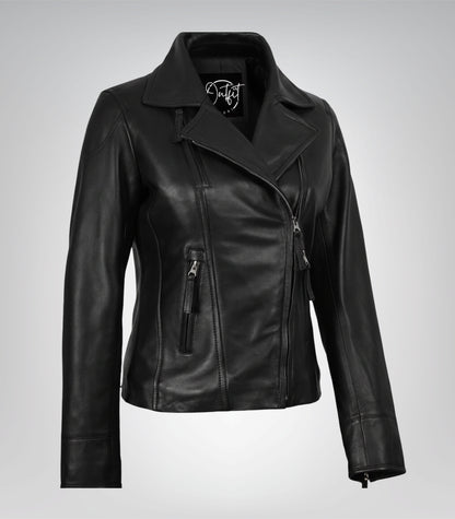 Premium black leather biker jacket for women in asymmetrical style