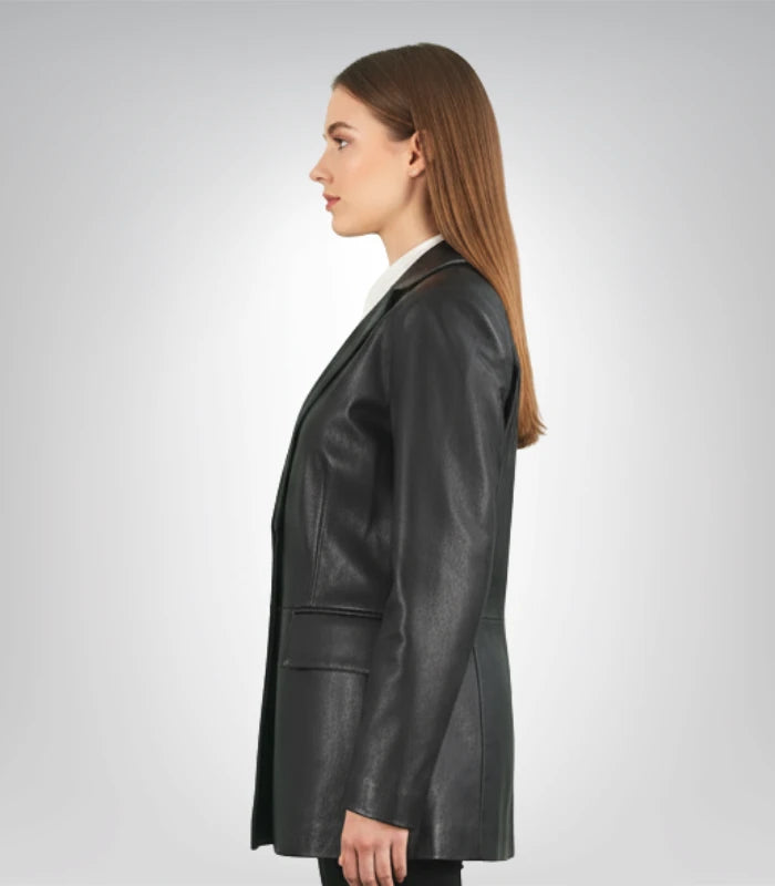 Women's premium black leather tailored blazer for office and casual wear