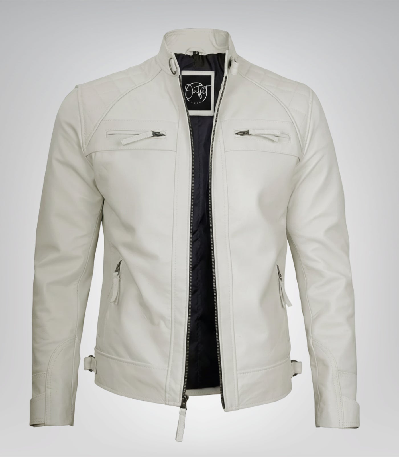 Stylish men’s off-white biker jacket with quilted shoulder design