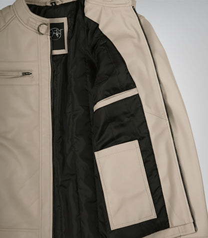 Men’s stylish beige leather biker jacket with quilted design