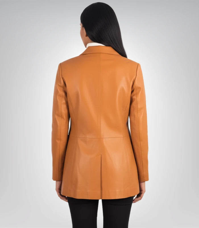 Women's premium tan leather blazer for office and casual wear