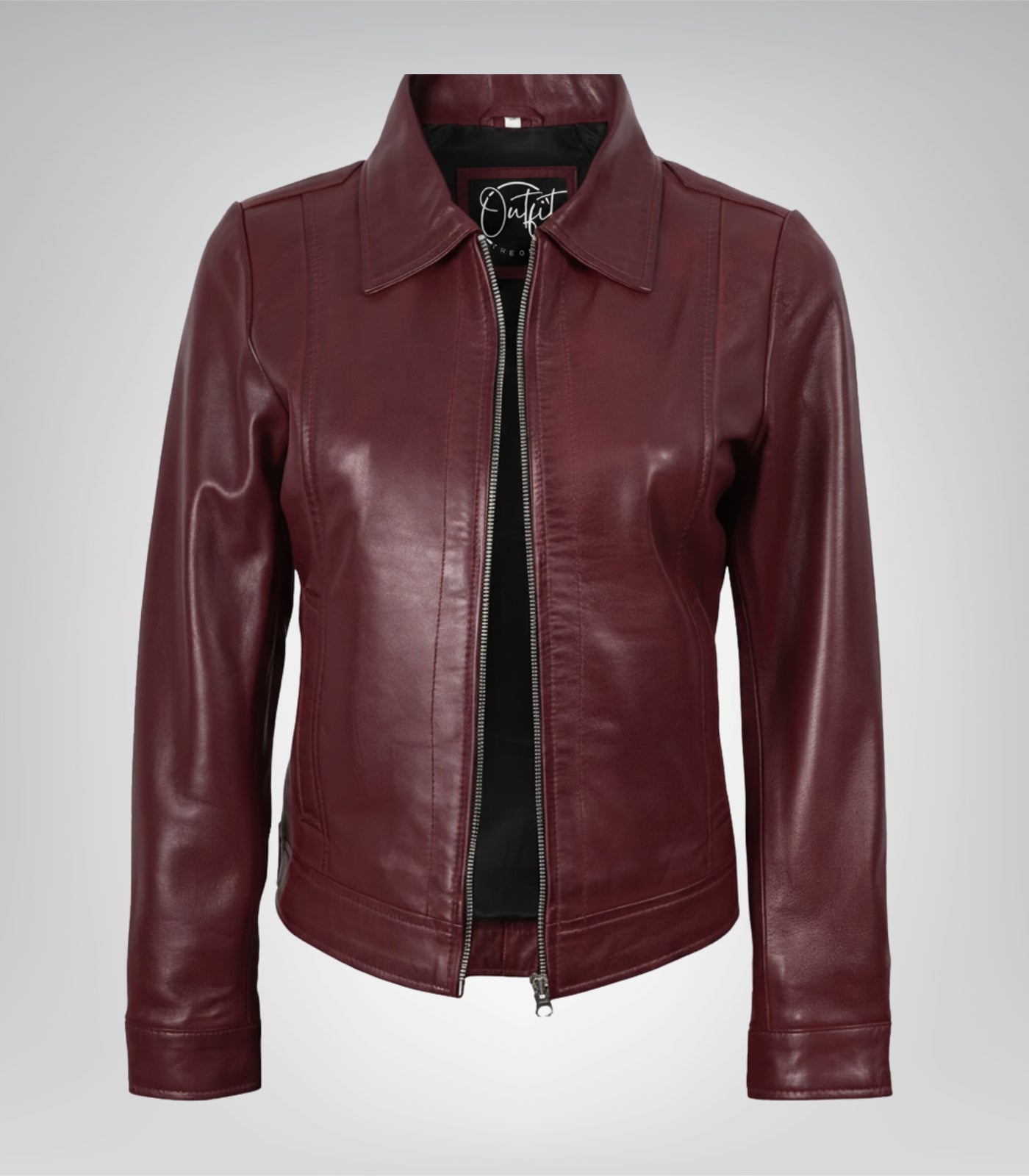 Women’s premium burgundy leather jacket with shirt-style collar