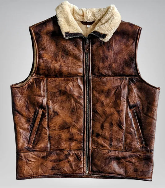 Men’s brown sheepskin leather gilet – real shearling fur vest jacket